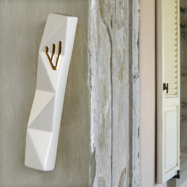 XL Mezuzah Case for Front Door - White with Gold Shin -  for 6'' scroll